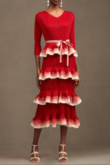 victoria Pleated Round Neck Long Sleeve Falbala Woven Maxi Dress in red