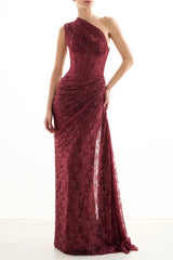 Wendy one-shoulder Lace maxi Dress In Burgundy