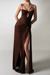 pleated Strappy Draped slit Maxi Dress in brown