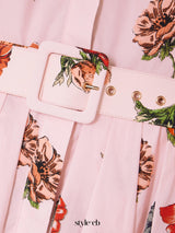 belted pleated floral-print cotton-poplin midi shirt dress - pink