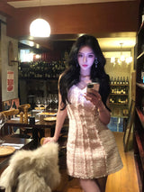 ophelia Pink square neck Tweed Trim mini Dress