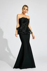 lorraine Black Peplum strapless maxi Dress