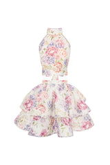 jessica printed backless halter top skirt set in pink