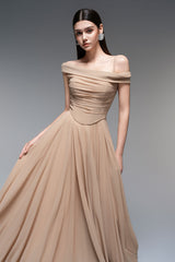A-line Draped Chiffon maxi Dress in nude