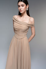 A-line Draped Chiffon maxi Dress in nude