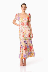 trista multicolor Square Neck backless Mesh Embroidered Fishtail maxi Dress