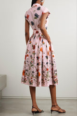belted pleated floral-print cotton-poplin midi shirt dress - pink