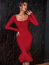 valerie Long Sleeve Bodycon Bandage midi Dress in red