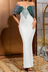 Off-Shoulder pearl embellished bodycon maxi dress in green