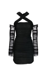 BLACK COLD-SHOULDER RUCHED TULLE MINI DRESS