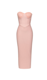 PINK STRAPLESS LACE CORSET MAXI DRESS