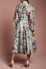 green Long Sleeve Printed Organza Shirt midi Dress