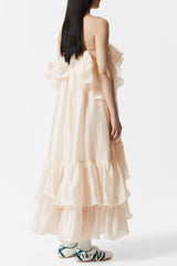 hedwig off-shoulder floral printed ruffle maxi dress in beige