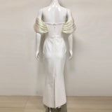 Off-Shoulder pearl embellished bodycon maxi dress in white
