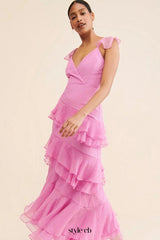 lucy Chiffon Ruffle layered Midi Dress in pink