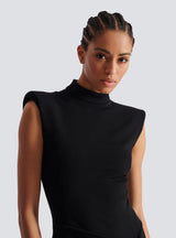 black Sleeveless Zipper high Slit Elastic jersey maxi Dress