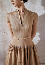 emily v-neck Pleated midi dress in khaki