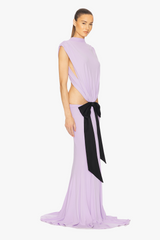 bernice Bow Patch Cut Backless Maxi Dress in purple