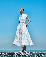 multicolor floral print a-line midi dress