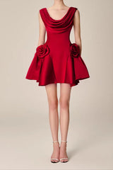 3d flower Pleated Sleeveless Mini Dress