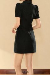 pearl embellished gold chain puff mini dress in black