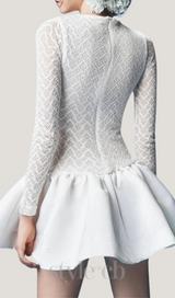 Lace Patchwork Puff Mini Dress in white