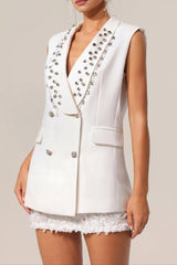 white V-Neck Sleeveless Diamond Midi Suit Top