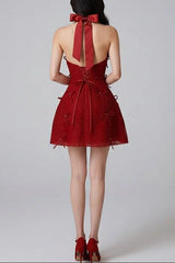 pandora lace bow backless halter mini dress in red
