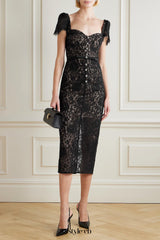 helen black Belted embellished cotton-blend lace midi dress