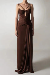 pleated Strappy Draped slit Maxi Dress in brown