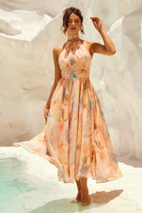 simona Sleeveless printed backless mini dress in apricot