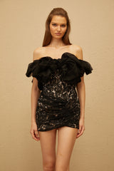 freda off-shoulder Lace pleated bodycon mini dress in black