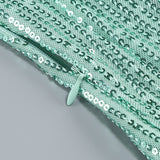 sequin ruched high slit maxi dress in green