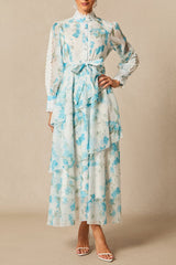 nina blue Chiffon lace trim stand-collar dress with layered ruffles