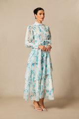 nina blue Chiffon lace trim stand-collar dress with layered ruffles