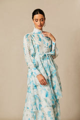 nina blue Chiffon lace trim stand-collar dress with layered ruffles