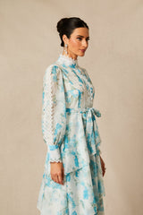 nina blue Chiffon lace trim stand-collar dress with layered ruffles