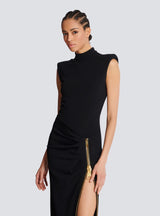 black Sleeveless Zipper high Slit Elastic jersey maxi Dress