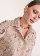 guipure mesh midi skirt cropped set in apricot