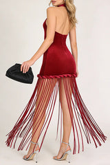 michaelia halterneck Fringe Velvet Dress in Burgundy