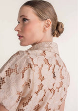 guipure mesh midi skirt cropped set in apricot