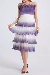 purple gradient pleated ruffle trim layered mini dress