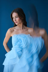 mandy off-shoulder flower ruffle maxi dress - blue