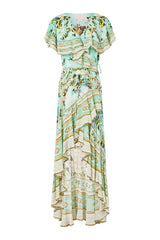 green-multi Printed ruffled V-neck irregular hem silk maxi dress