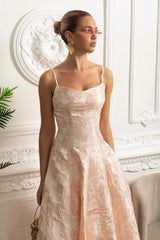 lauren Jacquard Midi Dress with Floral Motif - Blush Pink