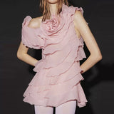 Shelyn Flower One Shoulder Ruffle Mini Dress - Pink