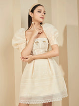 TERESA BEIGE A-LINE STRAIGHT ACROSS NECK LACE MINI DRESS