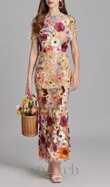 FLORAL EMBROIDERY MESH FISHTAIL MIDI DRESS IN BROWN