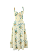 daphne Floral Print Sweetheart Midi Dress in yellow