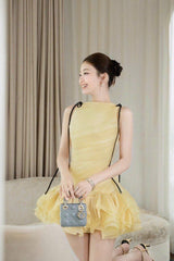 ruched ruffle hem sleeveless mini dress in yellow